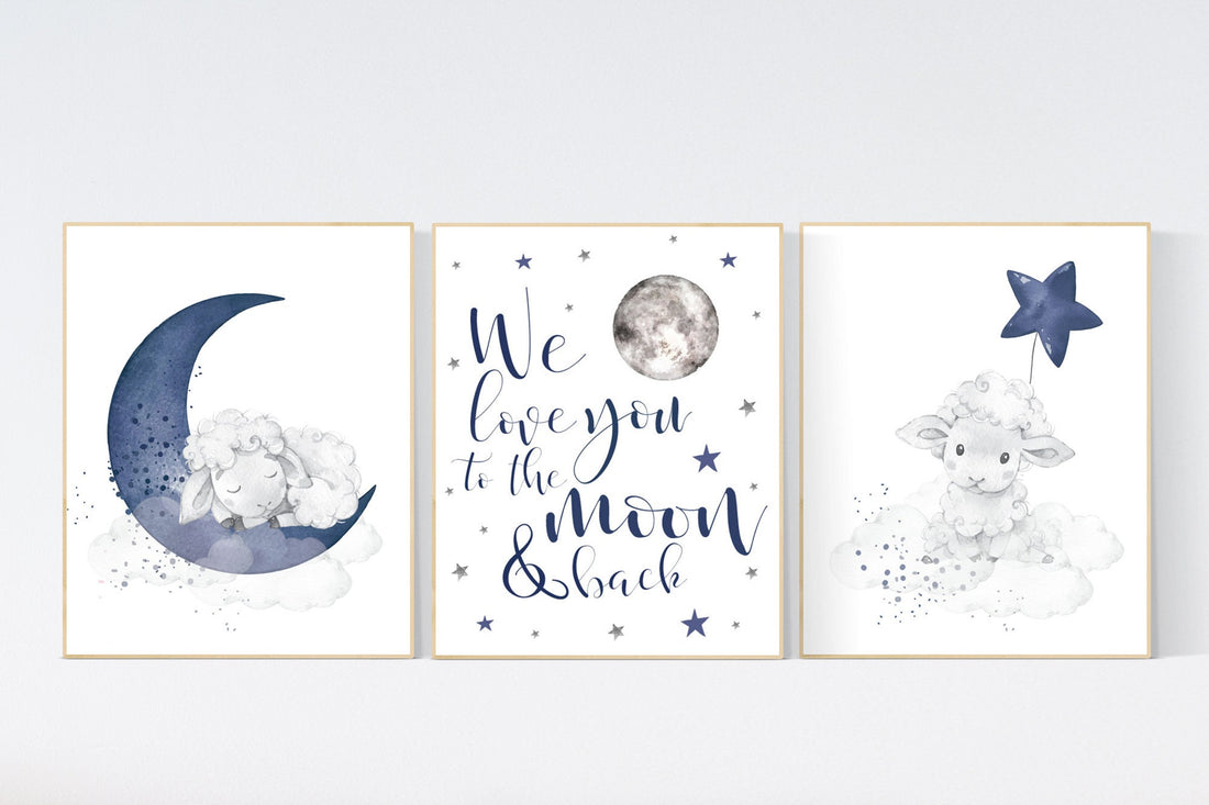Sheep nursery decor, Nursery decor boy, nursery decor lambs, nursery wall art sheep, moon and cloud wall art nursery, navy nursery wall art