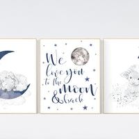 Sheep nursery decor, Nursery decor boy, nursery decor lambs, nursery wall art sheep, moon and cloud wall art nursery, navy nursery wall art