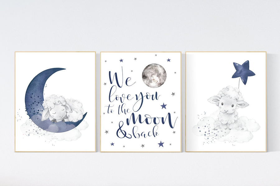 Sheep nursery decor, Nursery decor boy, nursery decor lambs, nursery wall art sheep, moon and cloud wall art nursery, navy nursery wall art