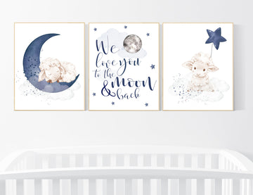 Sheep nursery decor, Nursery decor boy, nursery decor lambs, nursery wall art sheep, moon and cloud wall art nursery, navy nursery wall art