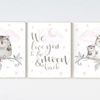 Owl print for nursery, we love you to the moon and back, nursery decor girl pink and gray, owl nursery decor, pink and gray, nursery ideas