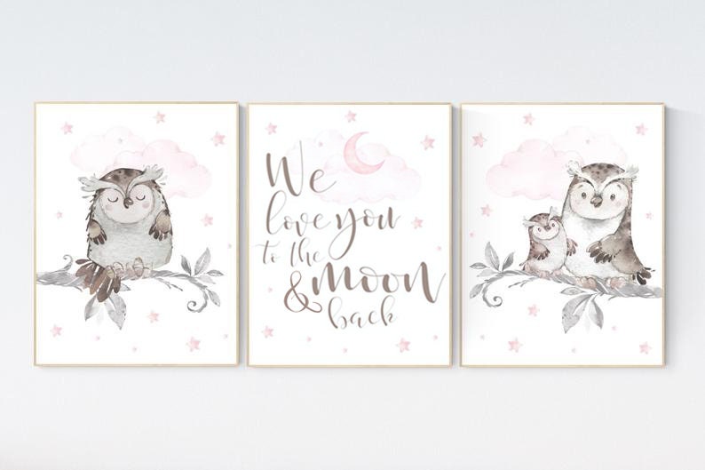 Owl print for nursery, we love you to the moon and back, nursery decor girl pink and gray, owl nursery decor, pink and gray, nursery ideas