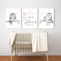 Owl print for nursery, we love you to the moon and back, nursery decor girl pink and gray, owl nursery decor, pink and gray, nursery ideas