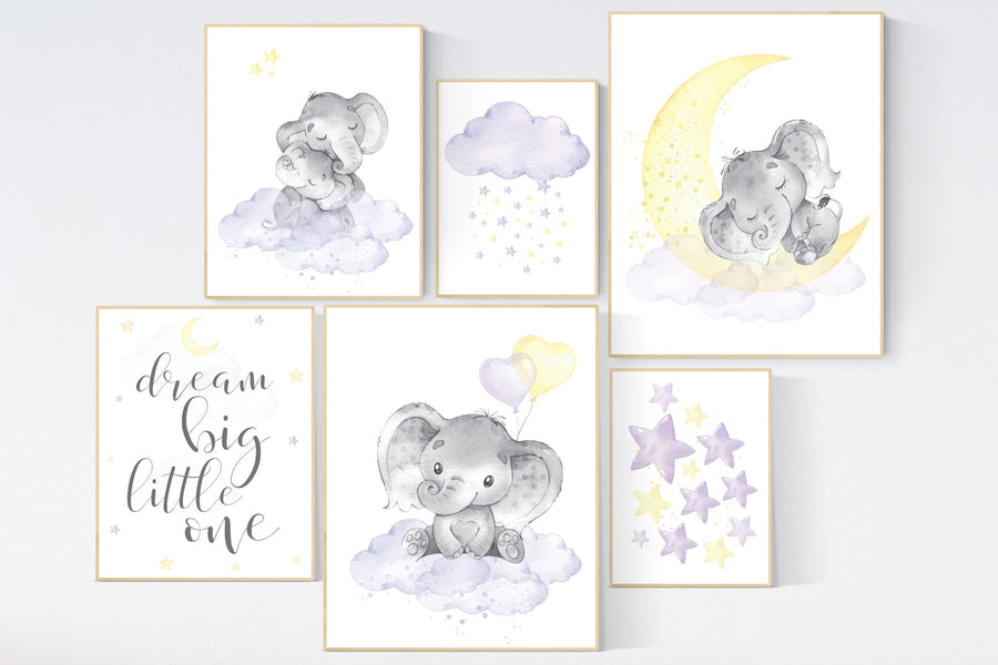 Nursery decor girl purple yellow, lilac yellow, nursery wall decor, moon and stars, lavender and yellow, gender neutral, elephant nursery