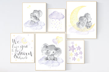 Lilac yellow nursery wall art, lilac yellow, nursery wall decor, moon and stars, lavender and yellow, gender neutral, elephant nursery