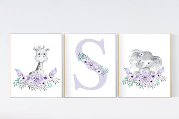 Purple teal nursery, Boho baby room, nursery wall art elephant giraffe , nursery decor girl, nursery decor girl floral, lilac, lavender