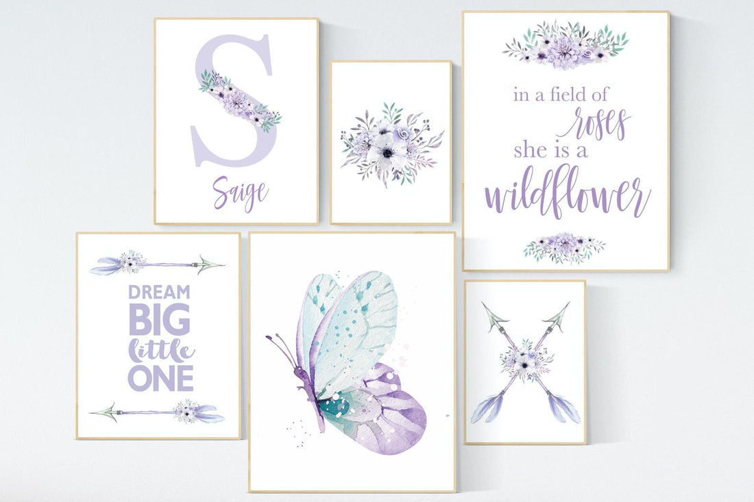 Nursery decor girl boho, purple teal nursery, nursery decor girl flower, nursery wall art  butterfly, lilac, lavender, nursery decor