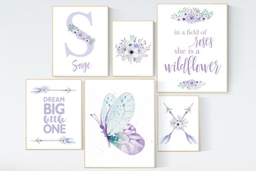 Nursery decor girl boho, purple teal nursery, nursery decor girl flower, nursery wall art  butterfly, lilac, lavender, nursery decor