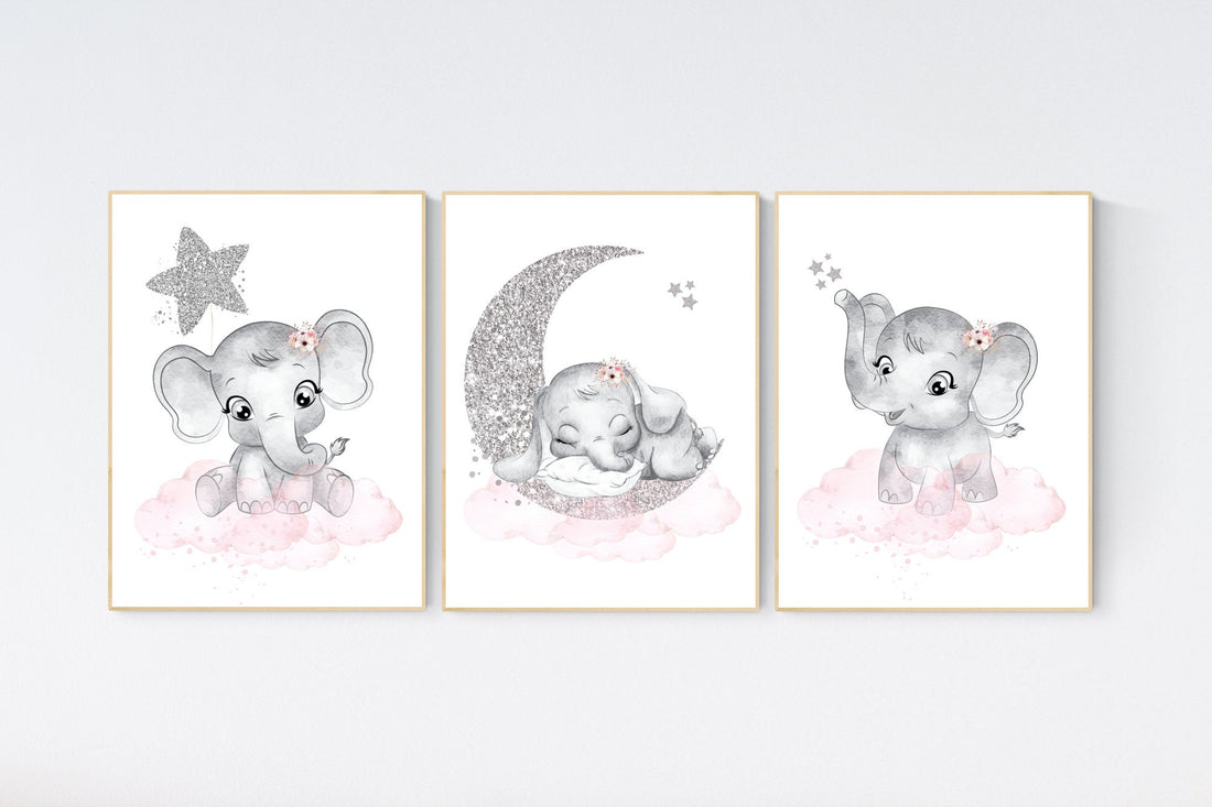 Girl nursery decor, pink and silver, elephant nursery prints, nursery wall art girl, baby girl elephant nursery decor, girl nursery wall art