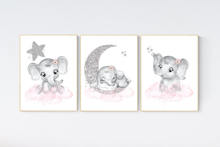 Girl nursery decor, pink and silver, elephant nursery prints, nursery wall art girl, baby girl elephant nursery decor, girl nursery wall art