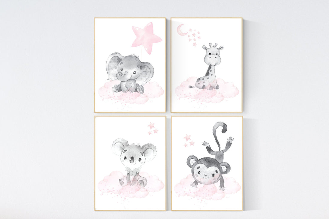 Nursery decor girl animals, elephant, monkey, koala bear, giraffe, animal nursery, nursery wall decor girl, animal prints, pink grey, gray