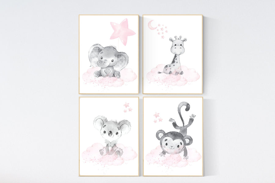 Nursery decor girl animals, elephant, monkey, koala bear, giraffe, animal nursery, nursery wall decor girl, animal prints, pink grey, gray