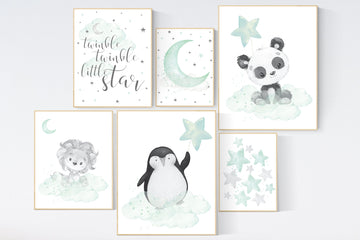Nursery decor mint, mint green nursery,panda, lion, penguin, gender neutral nursery, mint green nursery wall decor, animal prints
