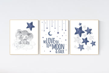 Nursery decor elephant, navy nursery decor, we love you to the moon and back, moon and stars, navy blue nursery art, elephant nursery art