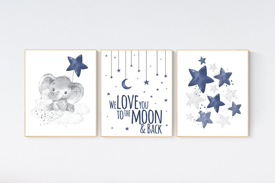 Nursery decor elephant, navy nursery decor, we love you to the moon and back, moon and stars, navy blue nursery art, elephant nursery art
