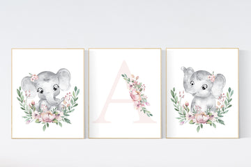 Nursery decor girl flower, blush, elephant nursery wall art, nursery decor girl floral, nursery decor girl woodland, floral nursery, boho