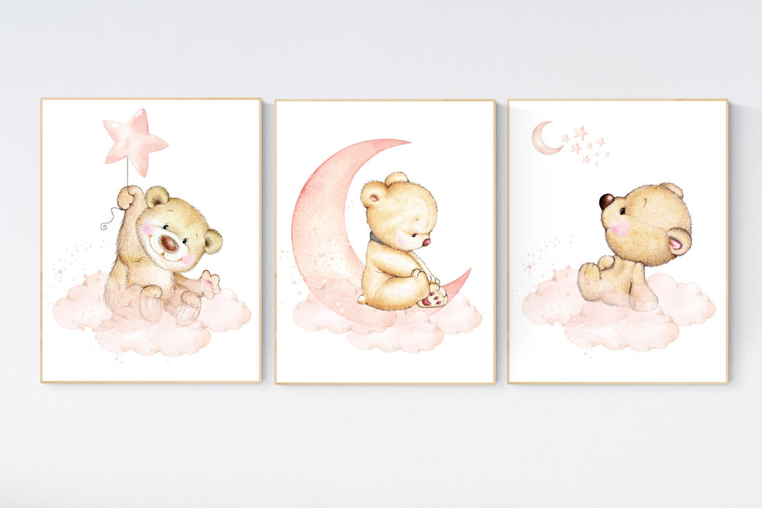 Nursery decor bear, peach nursery, bear nursery print, teddy bear, nursery wall art animals, girl nursery, coral nursery art