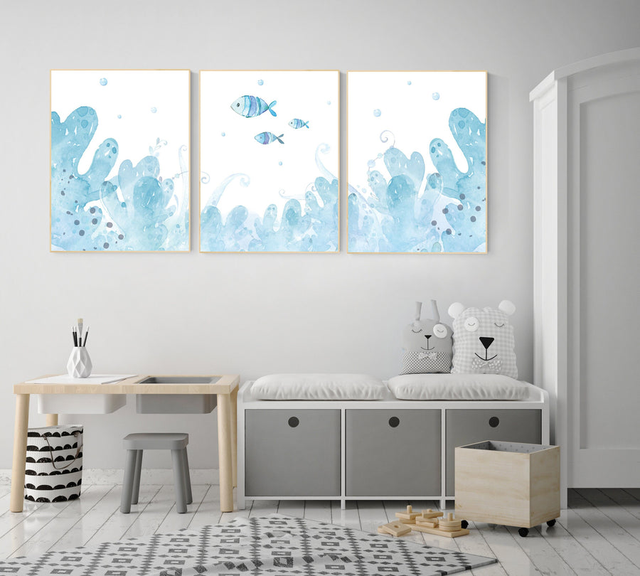 Under the sea wall art, Ocean nursery decor, Nautical nursery print set, under the sea nursery, gender neutral nursery, ocean, nautical