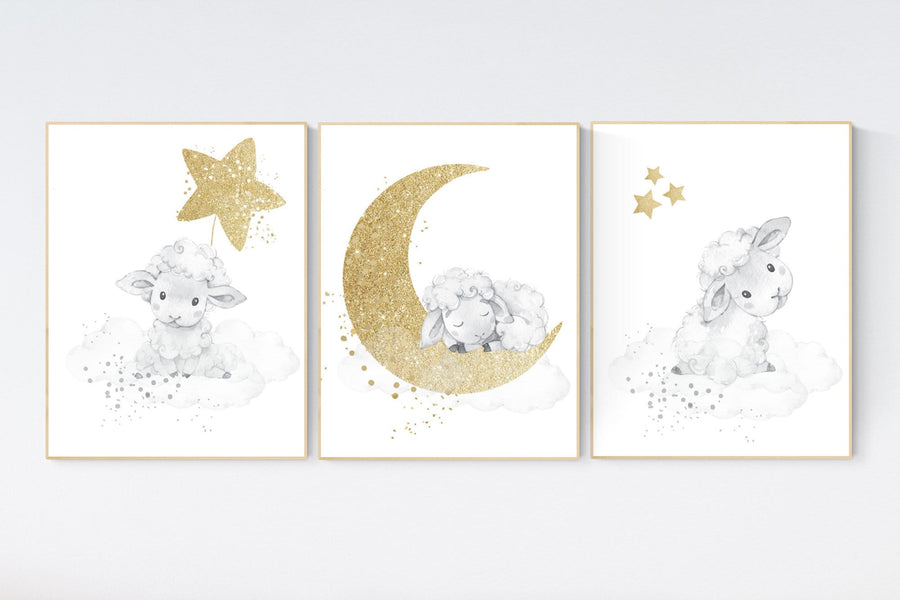 Sheep nursery decor, gold and gray nursery decor, grey, nursery decor lambs, nursery wall art sheep, moon and cloud, gender neutral nursery