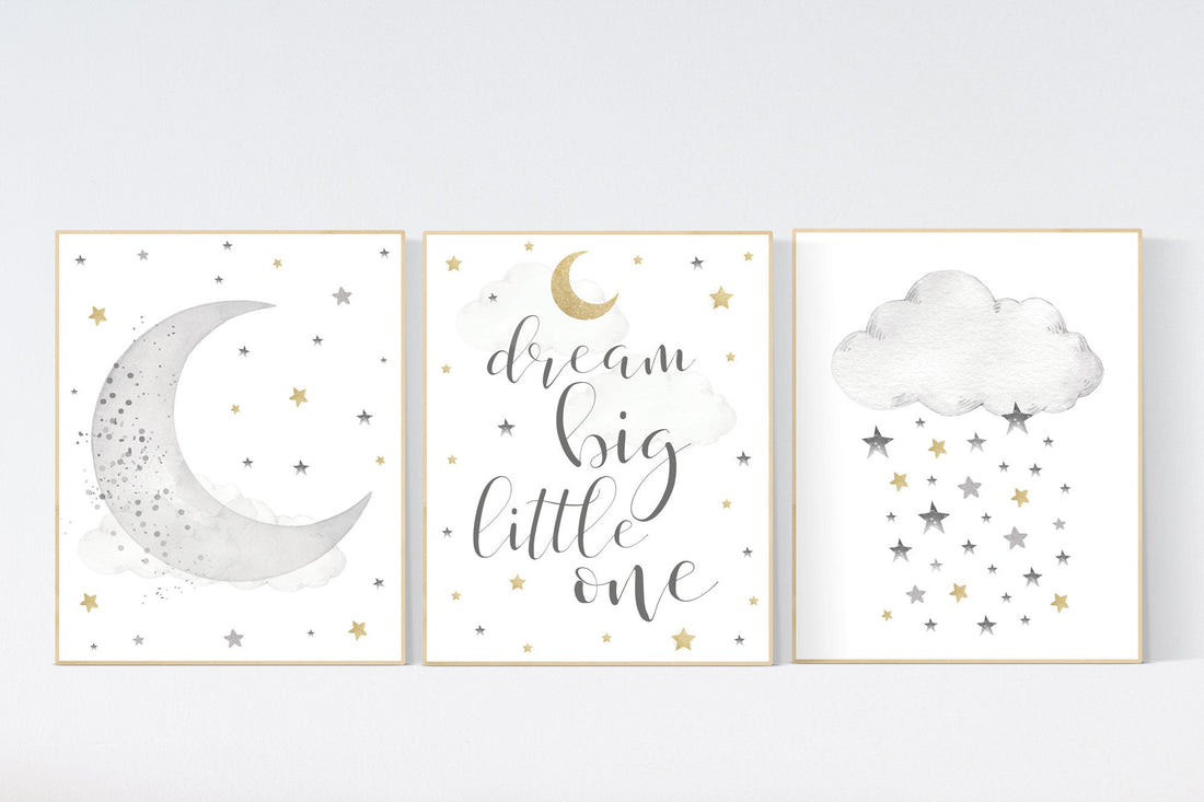 Nursery wall art grey, gray gold nursery, nursery decor neutral, baby room decor gender neutral, moon and stars, grey gold, baby room art