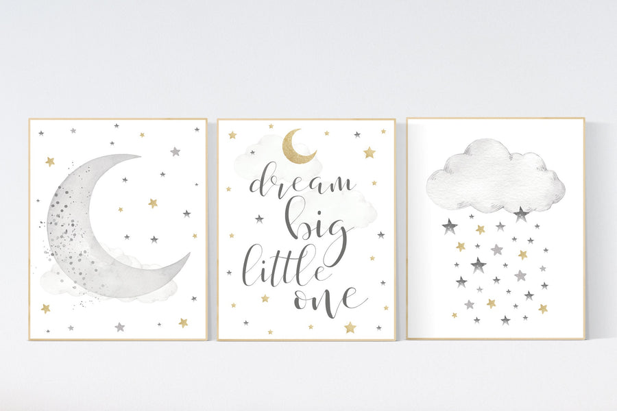 Nursery wall art grey, gray gold nursery, nursery decor neutral, baby room decor gender neutral, moon and stars, grey gold, baby room art