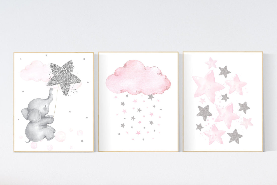 Nursery wall art girl, pink and silver nursery, cloud, stars, pink nursery art, cloud and stars, baby room decor for girls, elephant nursery