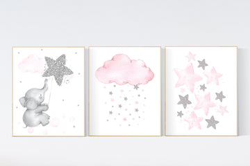 Nursery wall art girl, pink and silver nursery, cloud, stars, pink nursery art, cloud and stars, baby room decor for girls, elephant nursery
