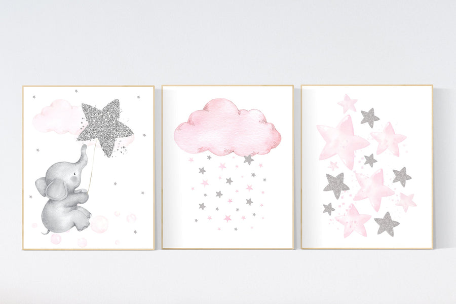 Nursery wall art girl, pink and silver nursery, cloud, stars, pink nursery art, cloud and stars, baby room decor for girls, elephant nursery