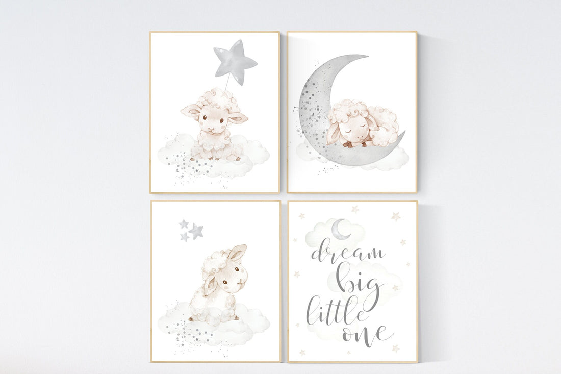 Sheep nursery decor, Gray nursery decor, nursery decor lambs, nursery wall art sheep, moon and cloud wall art nursery gender neutral nursery