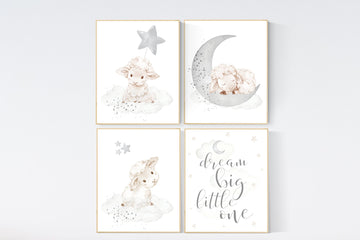 Sheep nursery decor, Gray nursery decor, nursery decor lambs, nursery wall art sheep, moon and cloud wall art nursery gender neutral nursery