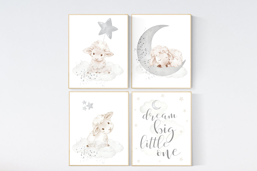 Sheep nursery decor, Gray nursery decor, nursery decor lambs, nursery wall art sheep, moon and cloud wall art nursery gender neutral nursery