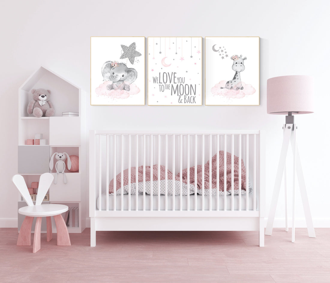 Animal nursery, nursery decor girl pink silver, nursery decor girl woodland animals, teddy bear, elephant, giraffe, baby girl nursery prints