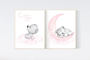 Nursery decor bear, bear nursery print, teddy bear, pink grey nursery, nursery wall art animals, girl room decor, baby girl nursery decor