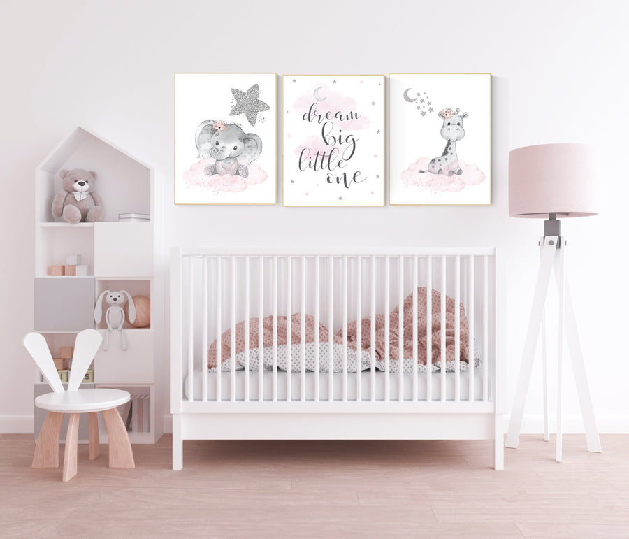Animal nursery, nursery decor girl pink silver, nursery decor girl woodland animals, teddy bear, elephant, giraffe, baby girl nursery prints