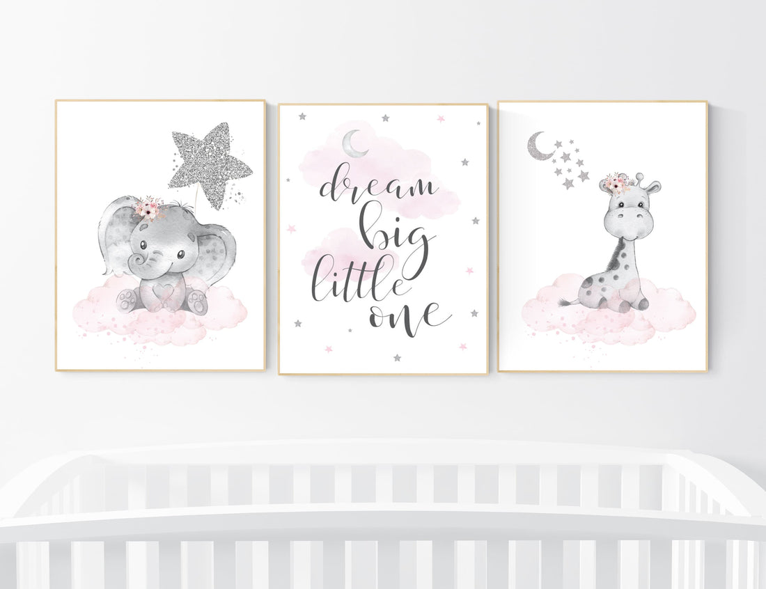 Animal nursery, nursery decor girl pink silver, nursery decor girl woodland animals, teddy bear, elephant, giraffe, baby girl nursery prints