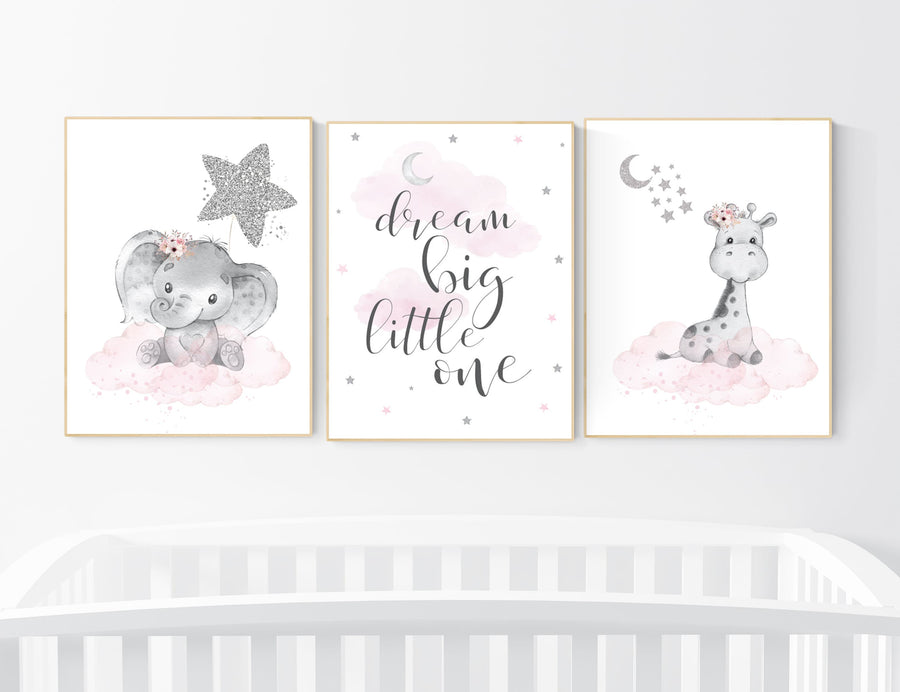 Animal nursery, nursery decor girl pink silver, nursery decor girl woodland animals, teddy bear, elephant, giraffe, baby girl nursery prints