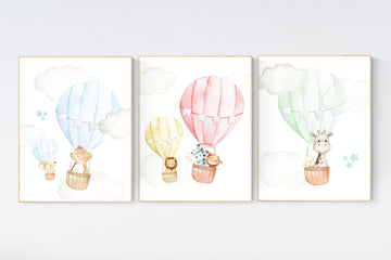 Nursery decor animals, hot air balloon, gender neutral, nursery decor, animal nursery, neutral, unisex, elephant giraffe, bear, nursery art