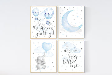 Nursery decor boy, nursery decor elephant, nursery wall art, dream big little one, nursery art, blue nursery decor, cloud and star, baby boy