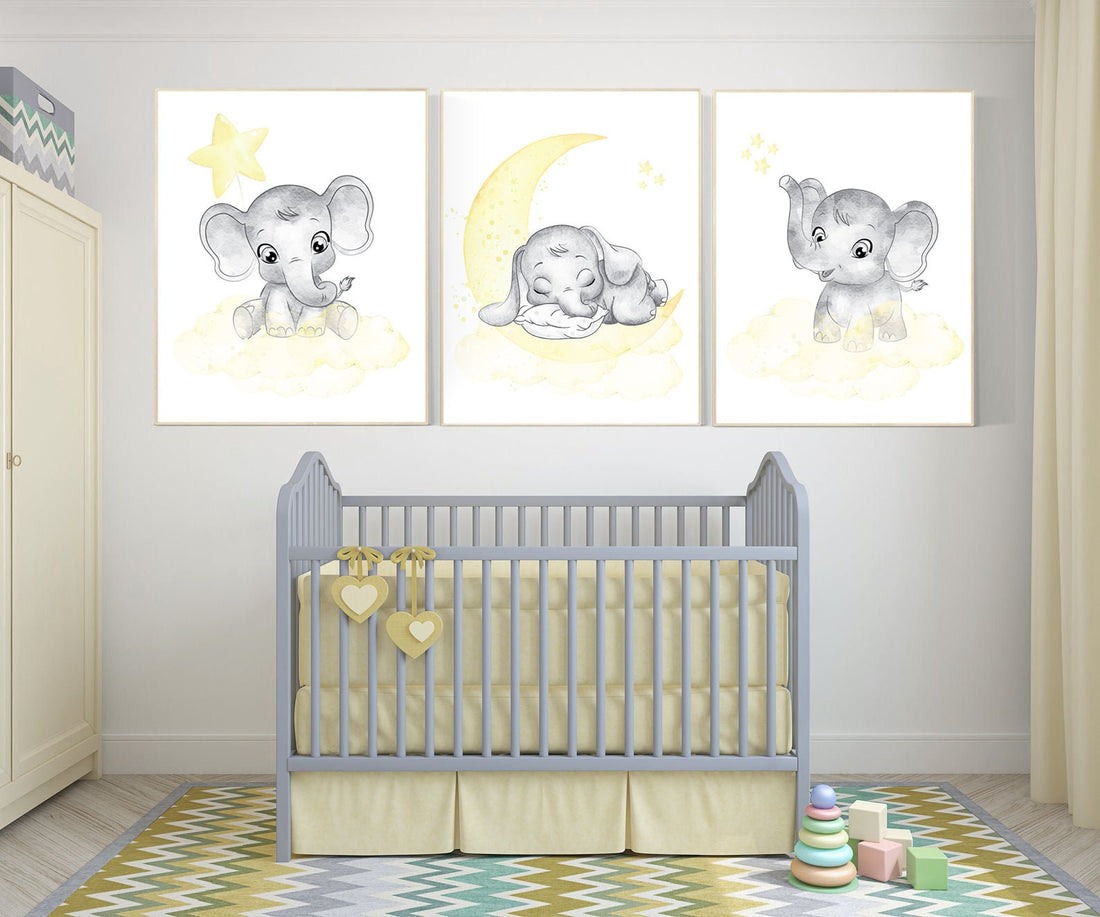Nursery decor neutral, Yellow nursery, nursery wall art elephant, moon, stars, gender neutral, yellow and gray nursery art, baby room art