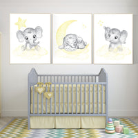 Nursery decor neutral, Yellow nursery, nursery wall art elephant, moon, stars, gender neutral, yellow and gray nursery art, baby room art