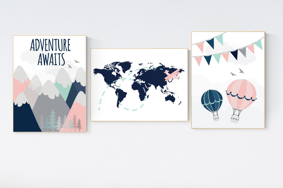 Adventure awaits nursery, Mountain art print set, coral navy mint, Adventure nursery, coral mint girl, airplane, world map, hot air balloon