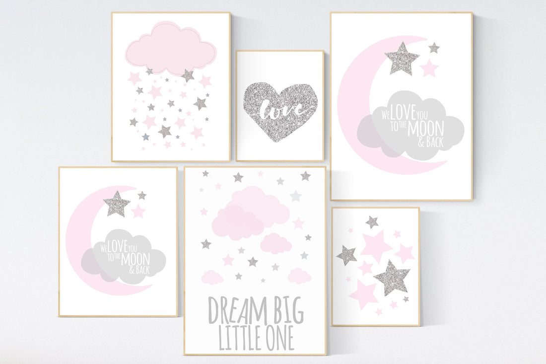 Nursery decor girl pink and silver, stars nursery decor, dream big little one, pink silver nursery print, moon and back, cloud and stars