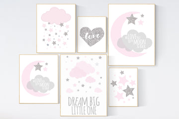 Nursery decor girl pink and silver, stars nursery decor, dream big little one, pink silver nursery print, moon and back, cloud and stars