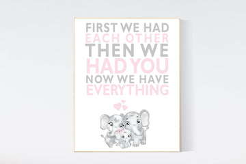 First We Had Each Other, Nursery Art, pink gray nursery, Elephant Nursery, Nursery Decor, Baby Girl Nursery Prints, Baby girl nursery art