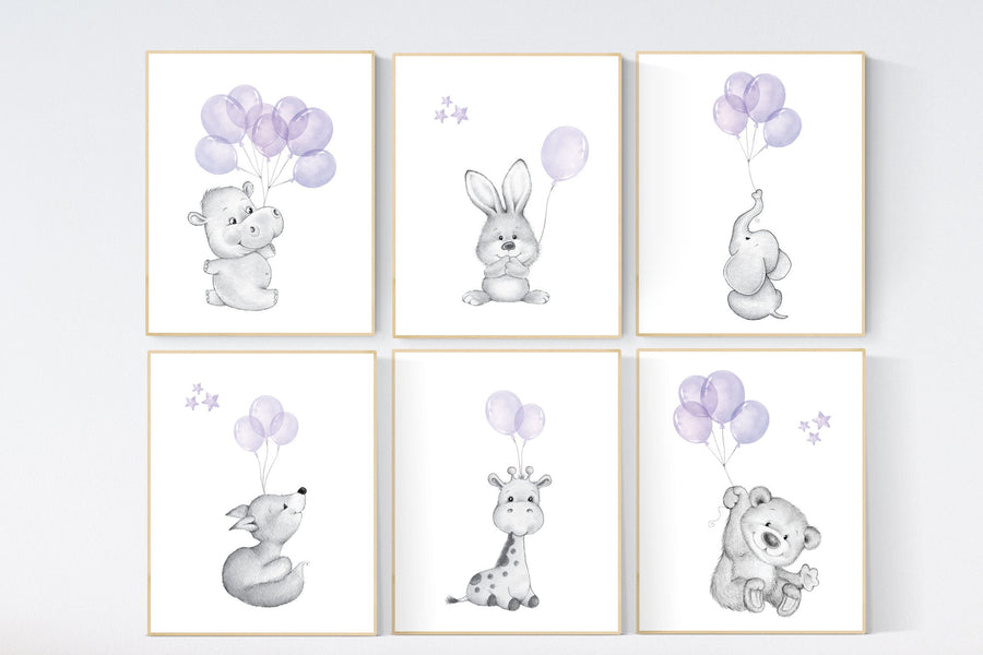 Nursery prints animals with balloons, animal balloon print,  nursery decor girl, elephant, bunny, giraffe, nursery wall art girl, purple