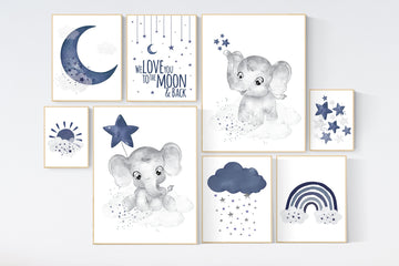 Nursery decor boy elephant, boy nursery decor, moon and stars, navy nursery, boy nursery art, we love you to the moon and back, navy blue