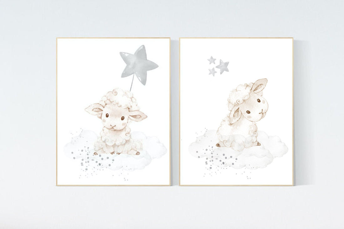 Sheep nursery decor, Gray nursery decor, nursery decor lambs, nursery wall art sheep, moon and cloud wall art nursery gender neutral nursery