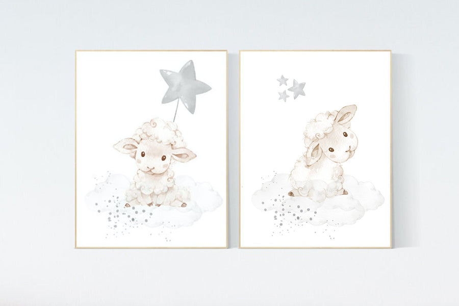 Sheep nursery decor, Gray nursery decor, nursery decor lambs, nursery wall art sheep, moon and cloud wall art nursery gender neutral nursery