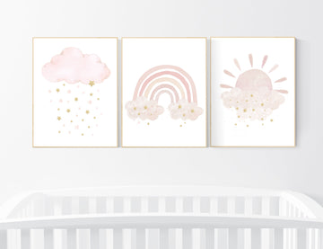 Nursery prints rainbow, blush Nursery decor girl, blush gold nursery wall art, blush pink, moon star, cloud, nursery wall art, sun nursery