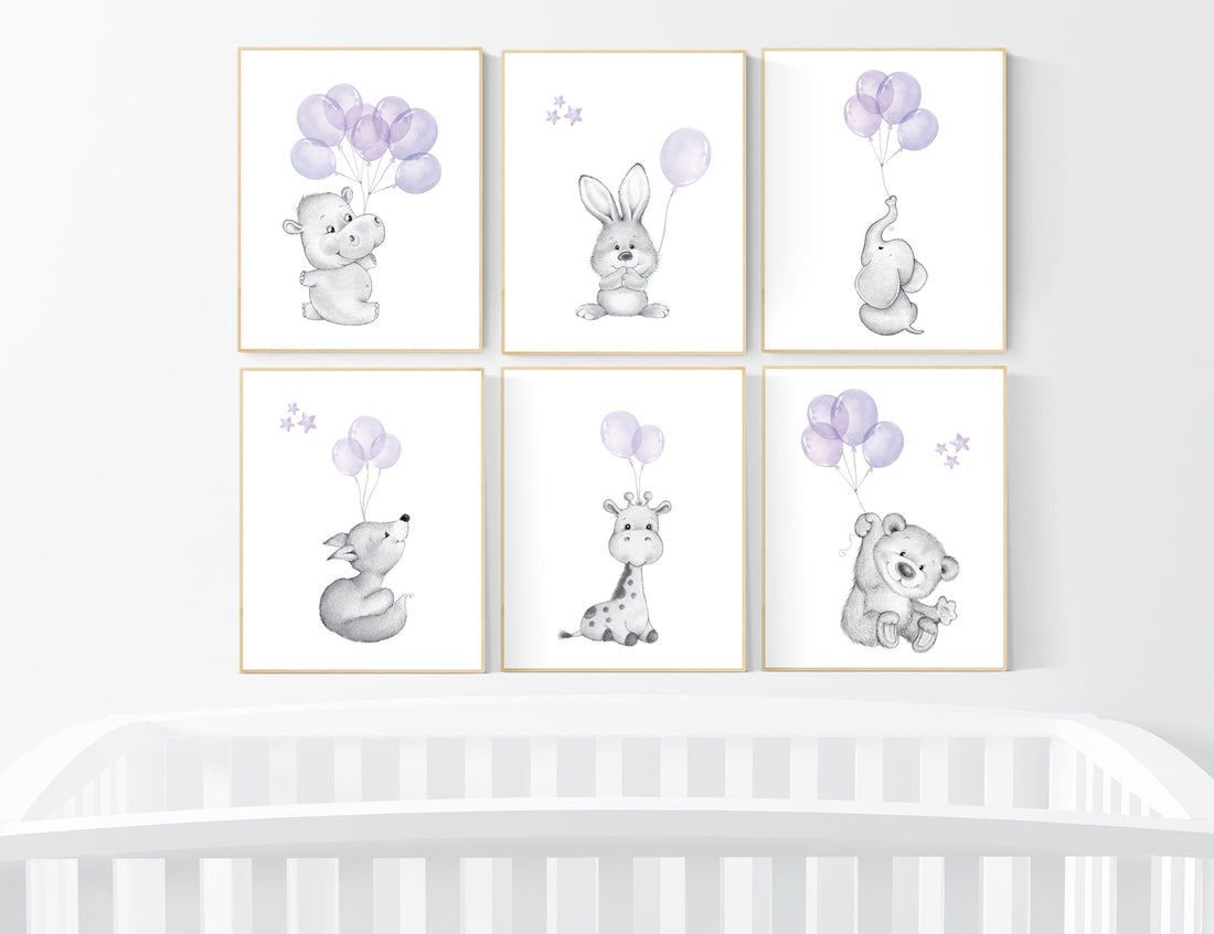 Nursery prints animals with balloons, animal balloon print,  nursery decor girl, elephant, bunny, giraffe, nursery wall art girl, purple